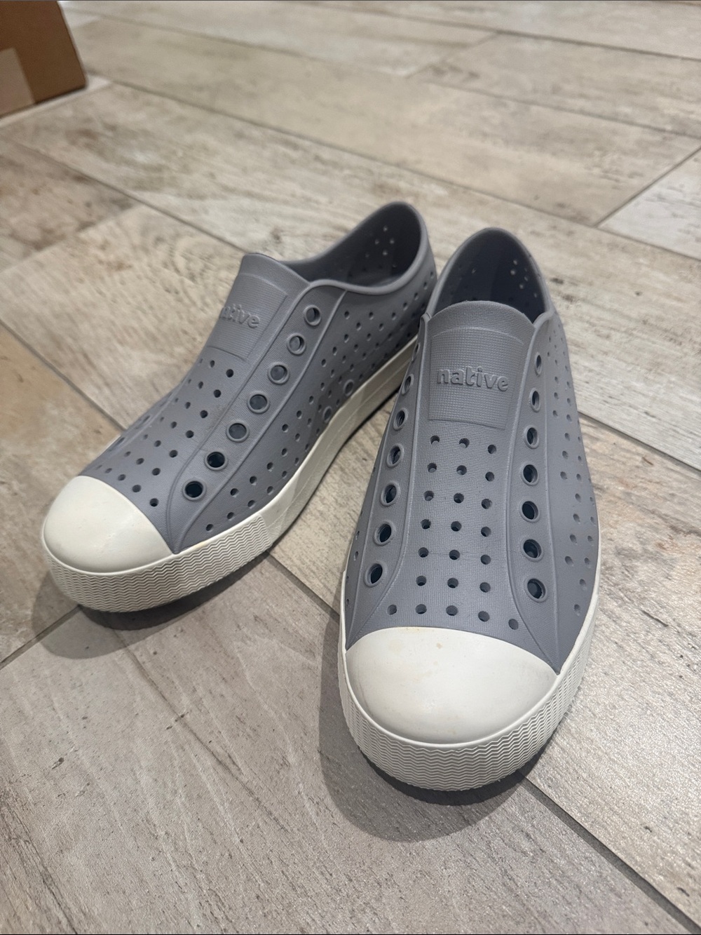 Native Slip-On Loafers in Light Gray with White Toe